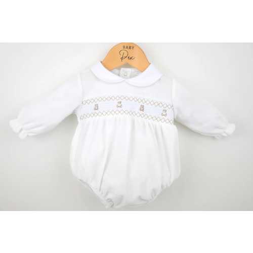 Spanish baby boys girls velour teddy romper outfit smocked baby grow personalised gift, coming home outfit