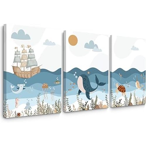 Ocean Nursery Wall Art Pictures Blue Nautical Canvas Art Beach Animal Wall Decor Baby Boys Room Wall Art Sea Whale Prints Ocean Nautical Poster for Nursery Baby Room 16x24 Inch Set of 3 Framed