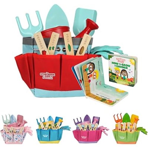Matching Board Book - Red Kids Gardening Tools Set Includes Sturdy Tote Bag, Watering Can, Shovel, Rake, and Trowel - Garden Storybook - Kids Garden Tools- Easter Gifts for Toddler Age on up.