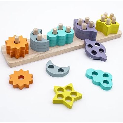 Hanari Montessori Toy for Toddlers 2-3 Year Old, Wooden Stacking Toys for Boys Girls, Color Learning Sorting Educational Toys, Shape Puzzle Blocks for Kids Gift, Development Sensory Counting - Star