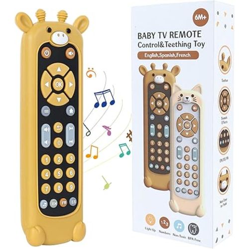 Orzbow Baby Remote Control Toy for 6 Month+ with Silicone Teether Cover, TV Remote Toy with Realistic Light and Sound - English, French and Spanish for Infant Play Remote Musical Toys, BPA Free, Black