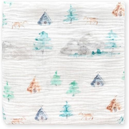 SwaddleDesigns Cotton Muslin Swaddle Blanket, Receiving Blanket for Baby Boys & Girls, Best Registry Gift, 46x46 inches, Watercolor Denim Mountains & Trees
