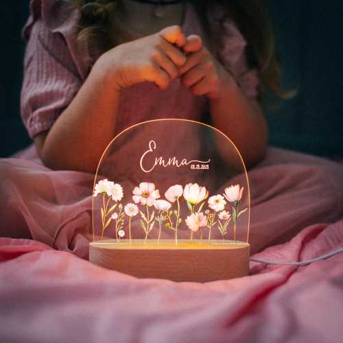 Personalized Beechwood LED Nursery Lamp, Floral Night Light, Baby Girl Gift