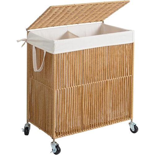 WOWLIVE Laundry Hamper with Wheels, Handwoven Rolling Laundry Basket with Lid, Natural