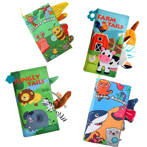 EazyTech 4 PCS Baby Books Set Touch and Feel Crinkle Sensory Toy Chewable & Tearproof Soft Activity Book Educational Toy for Infants Toddlers 0-12 Months, Machine Washable Fabric Book Gift（4 IN 1)