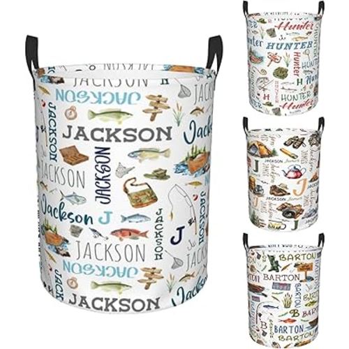 Personalized Fishing Laundry Baskets Gifts For Kids, Custom Name Laundry Hamper, Dirty Clothes Hamper Basket With Name For Bathroom Bedroom, Laundry Baskets With Handles For Boy Girls Women Small