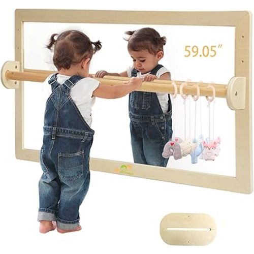 Infant Coordination Mirror Montessori Safety Pull up Bar Baby MirrorAcrylic Non-Glass Early Learning to Walk Mirror Upgrade Dual-Use with Base for Lengthened Version Hanging Toys 59.05”