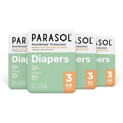 Parasol Clear+Dry Disposable Diapers, RashShield Protection and Leak-Control Fit, Hypoallergenic Diapers, Size 3 (16-28 lbs), 256 Count