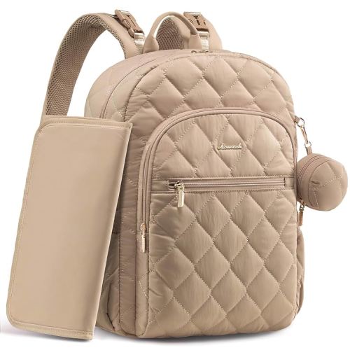 LOVEVOOK Diaper Bag Backpack,Puffer Quilted Baby Diaper Bag with Insulated Pockets,Travel Diaper Backpack for Boys Girls with Changing Pad,Water-Resistant Baby Bag for Mom Dad,Khaki