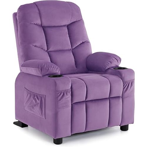 MCombo Big Kids Recliner for Ages 3+, Child Reclining Chair, Toddlers Recliner Sofa with Cup Holders (Velvet, Violet)
