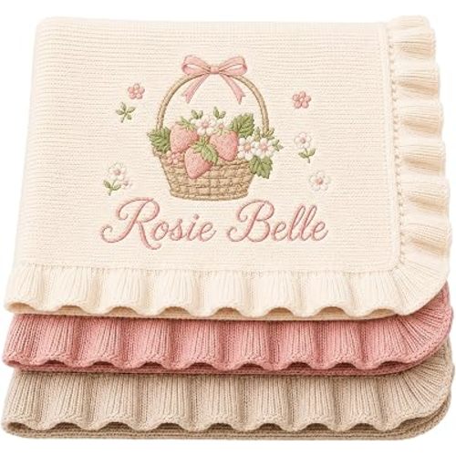 NAZENTI Personalized Custom Baby Blanket for Girls, Strawberry Basket Embroidered Ruffle Knit Nursery Bedding with Name, Baby Girl Gift, Custom Design with Picture, Newborn Shower Present, Baby Room