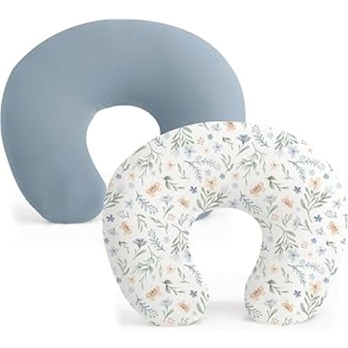 Konssy 2 Pack Nursing Pillow Covers, Stretchy and Soft Nursing Cover for Breastfeeding, Pillow Slipcover for Baby Girls Boys Newborn (Blue Grass, Ice Blue)