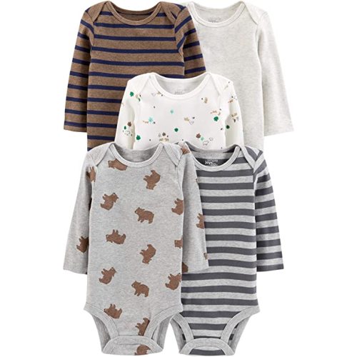 Simple Joys by Carter's Baby Boys' Long-Sleeve Bodysuit, Pack of 5 - 0-3 Months - Bear/Animal/Stripe