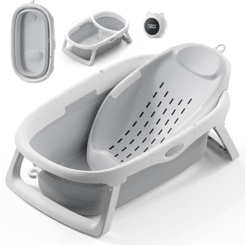 CheerTry 4-in-1 Collapsible Baby Bathtub for Newborn & Toddler 0-24M (Grey) | Infant Baby Tub with Adjustable Bath Sling, T-Shaped Support & Water Thermometer, Baby Bath Tub for Baby Shower