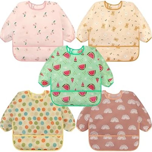 Accmor 5 Pack Long Sleeve Bibs, Baby Smock Waterproof Sleeved Bib Smock for Baby Toddler 6-36 Months