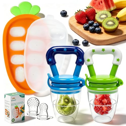 Baby Fruit Food Feeder - Fresh Food Feeder, Infant Fruit Teething Teether Toy for 4-24 Months, 2 Pack with 3 Stage Pouches and Freezer Tray for Babies (Purple Pink)