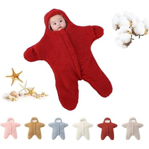Baby Starfish Onesie, Thick Imitation Fleece Starfish Newborn Romper, Infant Footie Jumpsuit Winter Warm Outfits(Red,2-6 Months)