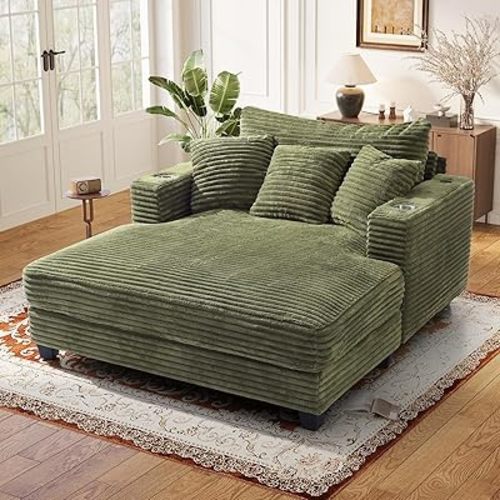 60" Chaise Lounge Chair Indoor, Upgraded Oversized Comfy Sofa Bed, Fluffy Plush Faux Fur Sleeper Lazy Chair Bed, Reading Chairs Cloud Couches for Living Room,Green