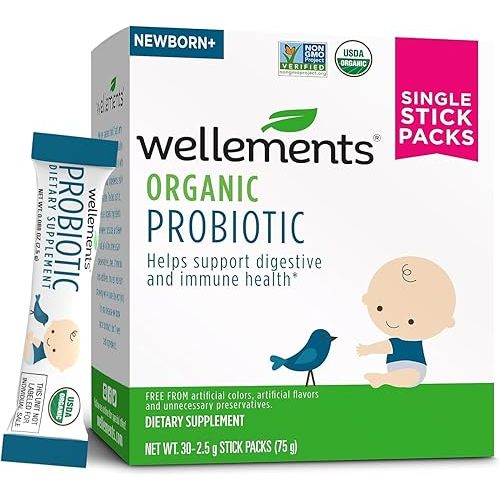 Wellements Organic Probiotic Stick Packs | Supports Digestive and Immune Health for Infants, Babies and Toddlers | Flavorless and Easy to Use | Non-GMO and Top 9 Allergen Free | 30ct