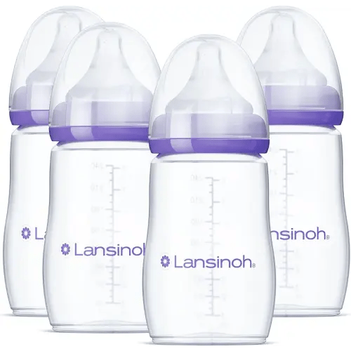 Lansinoh Anti-Colic Baby Bottles for Breastfeeding Babies, 8 Ounces, 4 Count, Includes 4 Medium Flow Nipples, Size M