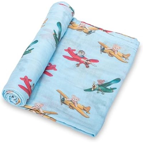 LollyBanks Muslin Swaddle Blankets, 100% Cotton Breathable Baby Blanket for Boys and Girls, Soft and Lightweight 47 x 47 Inches Newborn Swaddle Wrap, Baby Essentials Must Haves (Plane and Bear Print)