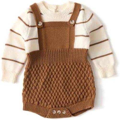 Baby Girl Knitted Sweater Romper - Newborn Cute Jumpsuit Clothes - Long Sleeve Stripe Pullover