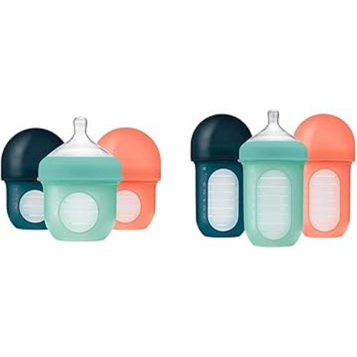 Boon Nursh Silicone Baby Bottles with Collapsible Pouch - Stage 1 Slow & Stage 2 Medium Flow - Mint - 3 & 8 Oz - 3 Count Each