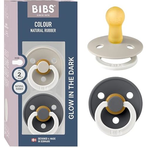 BIBS Colour Night Glow in The Dark Soother 2-Pack, BPA Free Dummy Pacifier, Round Nipple. Natural Rubber Latex, Made in Denmark, Size 2 (6-18 Months), Sand Glow/Iron Glow