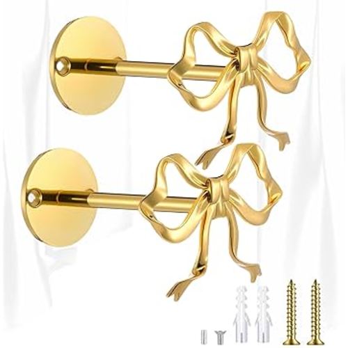 2 Pcs Gold Bow Curtain Holdbacks Decorative Metal Wall Mounted Curtain Tiebacks for Living Room Rustproof Window Treatment Holders for Nursery Bathroom Bedroom Intricate Design with Screws Anchors