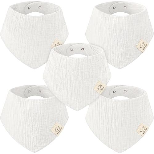 KeaBabies 5pk Muslin Bandana Baby Bibs for Drooling Teething (Soft White)