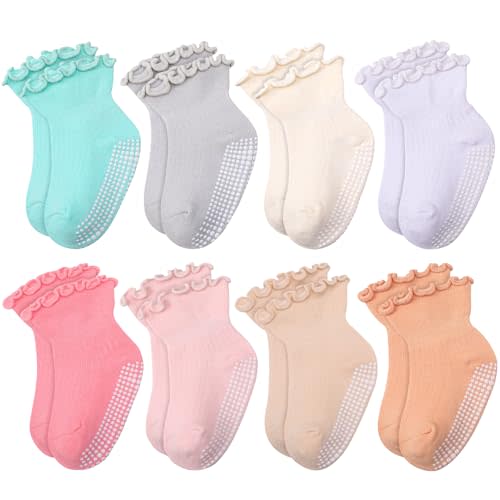 Jspupifip 8 Pairs Toddler Ruffle Socks for Girls Baby Grip Socks Cute Non Slip Frilly Cotton Sock 1-3T