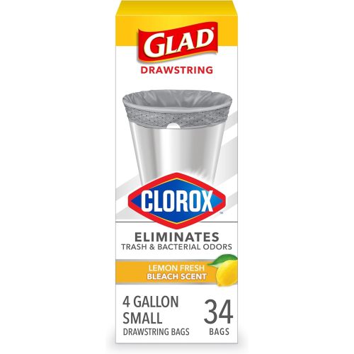 Glad Small Drawstring Trash Bags with Clorox, 4 Gal, Lemon Fresh Bleach, 34 Ct (Package May Vary)