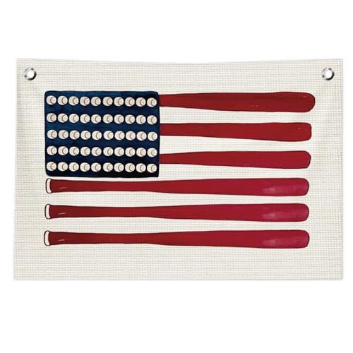 Vintage Sports Baseball Wall Art Decor Canvas Banner | Retro Baseball Wall Decorations for Boys Room Nursery Bedroom Playroom, Base Ball Bat American Flag Banner, 30x20 in