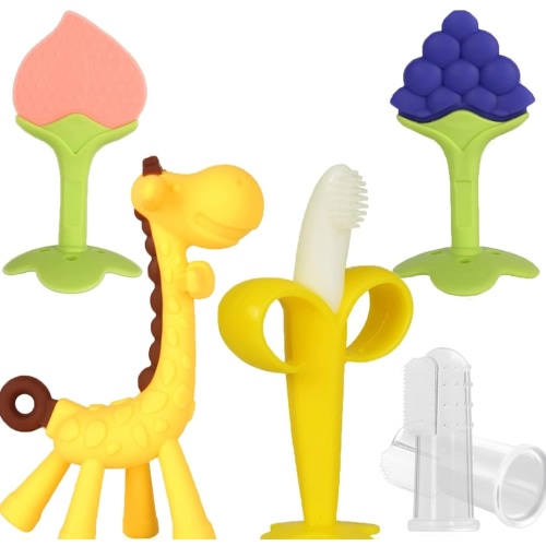 Baby Teething Toys 3-6 Months, Silicone Baby Teether Freezer BPA Free, Babies Teething Relief Sore Gums, Banana Finger Toothbrush, Fruit Shape Giraffe Teether for Infant Boys and Girls