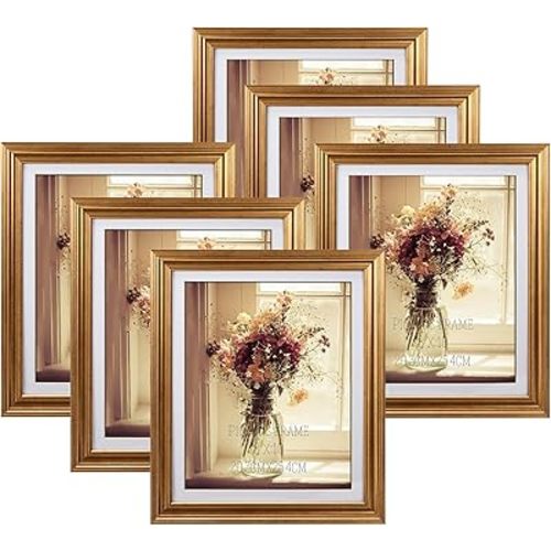 MEBRUDY 8x10 Picture Frames with Mat, Gold Photo Frames Set for Wall or Tabletop Display, 6 Pack