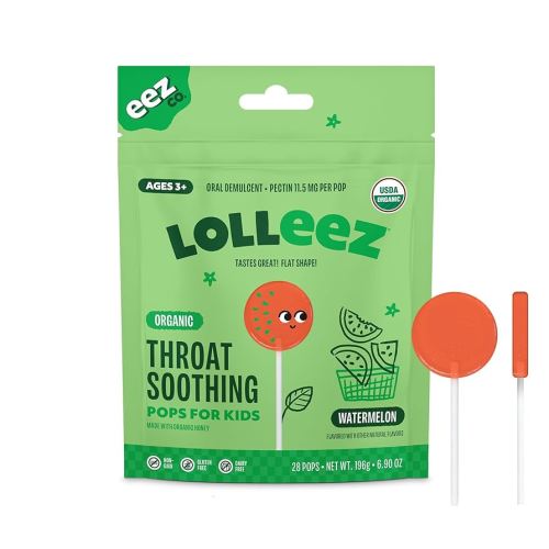 3+ Lolleez Organic Lollipops for Kids Sore Throat Relief, Watermelon Perfect for Soothing A Sore Throat While Tasting Great, Watermelon Flavor, 28 Count