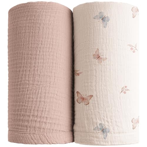 Konssy Muslin Swaddle Blankets for Boys Girls, 2 Pack Receiving Baby Blanket Large 47 x 47 inches, Soft Breathable Swaddling Wrap for Unisex Newborn (Taupe,Butterfly Dreams)