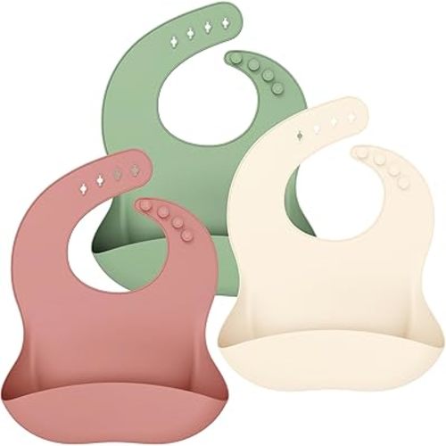 Cuddle Campus Set of 3 Silicone Bibs for Babies & Toddlers,Soft Adjustable Bibs with Pocket Food Catcher for Baby Girl,Boy