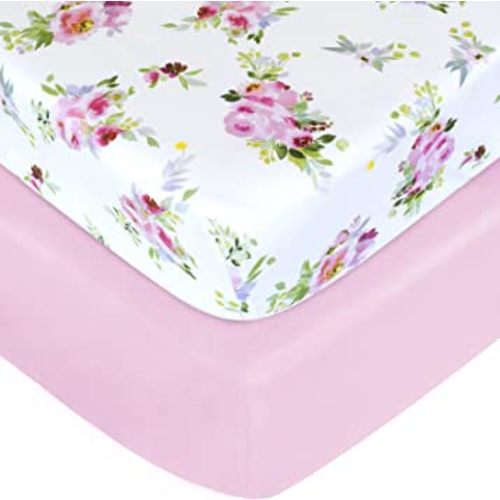 Crib Sheets Girls 2 Pack Floral, Fitted Crib Sheet for Standard Size Crib and Toddler Mattresses, Soft and Breathable Material, Floral