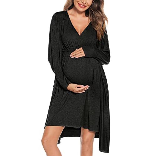 SWOMOG Women Maternity Nursing Gown and Robe Set 3 in 1 Labor Delivery Nursing Nightgown for Breastfeeding Hospital Bathrobe