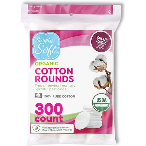 Simply Soft Premium Organic Cotton Rounds, 100 Count (Pack of 3), 100% Cotton Pads, Certified Organic, Hypoallergenic, Soft & Absorbent for Beauty, Cosmetics, Skin Care, Lint Free