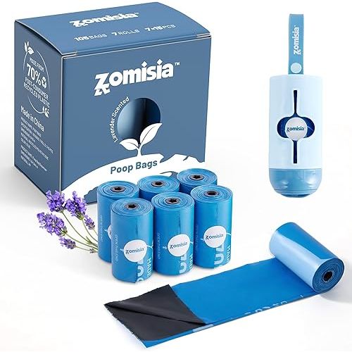 Dog Poop Bags Rolls with Holder - Black-Lined Lavender Dog Waste Bags 7 Rolls, Extra Thick 100% Leakproof, 70% Recycled GRS Certified, 105 Count