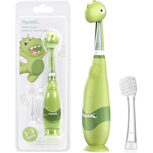 Papablic Toddler Sonic Electric Toothbrush Kids for Ages 1-3 Years, Baby Electric Toothbrush with Cute Dino Cover and Smart LED Timer, 2 Brush Heads (Max)
