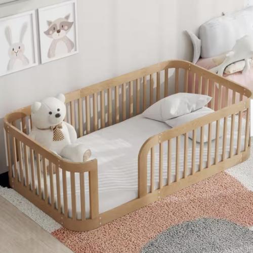 Natural Yellow Wood Frame Twin Size Wood Floor Platform Bed with Fence