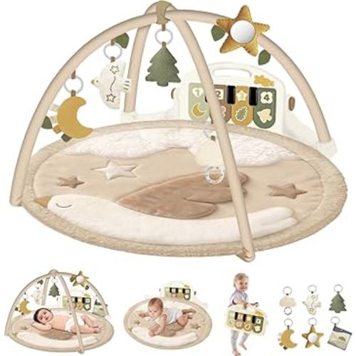 Baby Play Gym with Kick and Play Piano, Baby Play Mat Tummy Time Activity Gym Mat with 5 Infant Sensory, Music & Lights Boy or Girl for Newborn 0 to 3 6 9 12 Months, Bird
