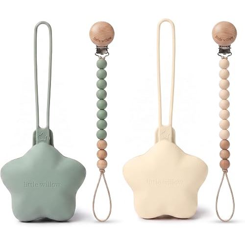 Pacifier Clip & Holder Set, BPA-Free, 4-Piece | BPA-Free Silicone • Keeps Pacifiers Clean • Travel-Friendly Storage • Modern Neutral Colors • Baby Registry Favorite