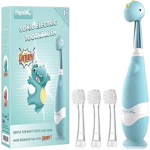 Papablic Toddler Sonic Electric Toothbrush Kids for Ages 1-3 Years, Baby Electric Toothbrush with Cute Dino Cover and Smart LED Timer, 4 Brush Heads (Debby)