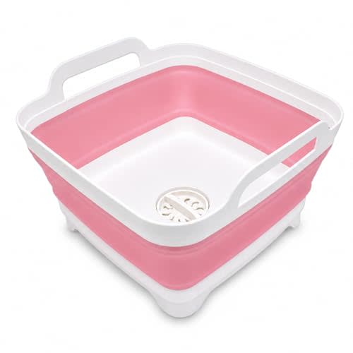 2.4 Gal(9L) Collapsible Dish Basin with Drain Plug, Space Saving Outdoor Multiuse Foldable Sink Tub, Dishpan, Kitchen Storage Tray for Camping, Vegetable Washing, RV (Pink)