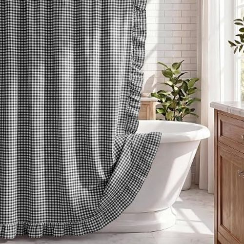 HunnmingRe Ruffled Gingham Shower Curtain Matte Black