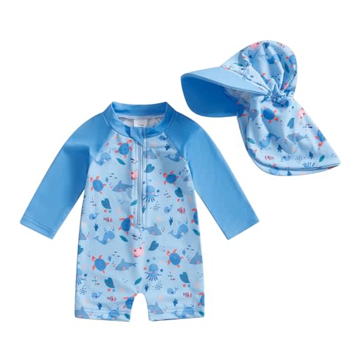 Toddler Baby Boy Swimsuit One Piece Rash Guard Bathing Suit Infant Beach Swimwear with Hat